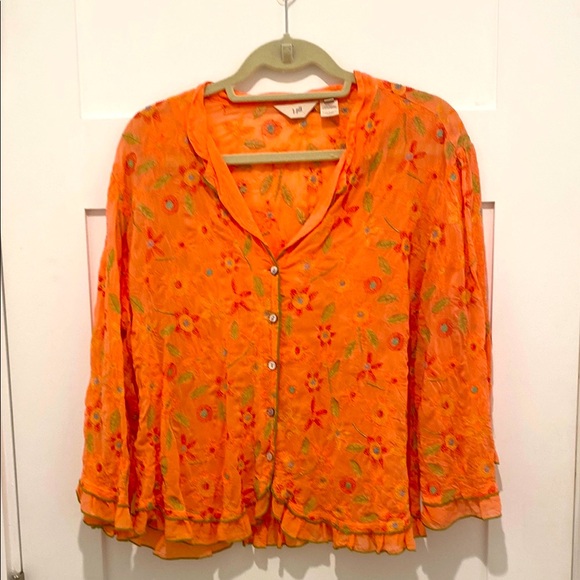 J. Jill Orange Ruffled Blouse with Notched Collar, Size XL - Picture 1 of 8